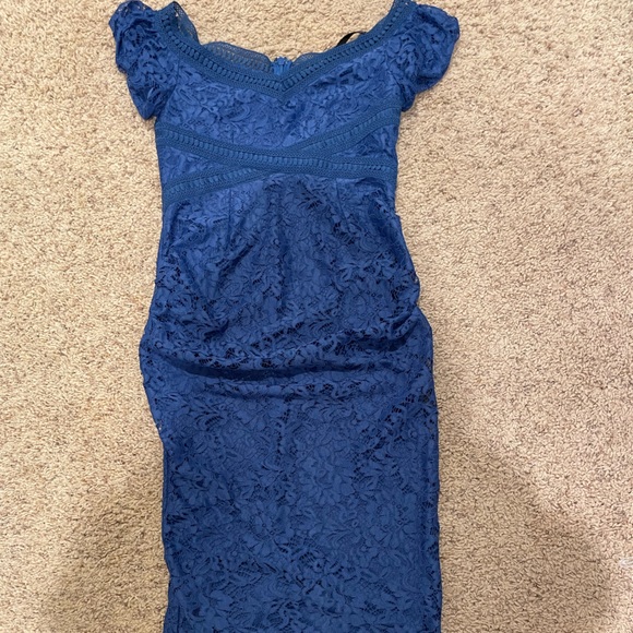 ASOS Little Mistress Maternity Lace Dress Blue  off the shoulder - Picture 4 of 11